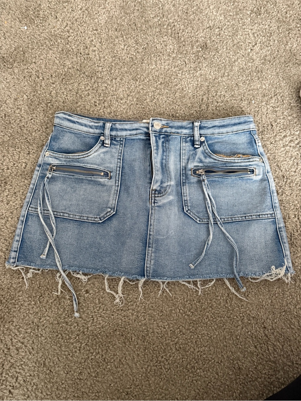 Source Unknown Light Blue Denim Mini Skirt with Zip Pocket Tassels